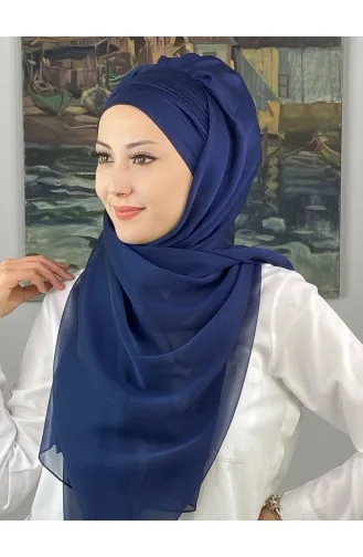 Saray Model Yan Drapeli Fransız Şifon Hazır Şal SBT4YDSAL15-02 Açık Lacivert