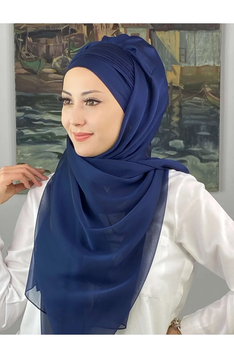 Saray Model Yan Drapeli Fransız Şifon Hazır Şal SBT4YDSAL15-02 Açık Lacivert