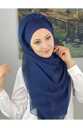 Saray Model Yan Drapeli Fransız Şifon Hazır Şal SBT4YDSAL15-02 Açık Lacivert