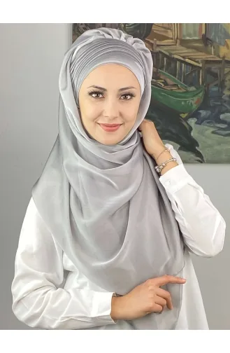 Saray Model Yan Drapeli Fransız Şifon Hazır Şal SBT4YDSAL15-03 Açık Gri