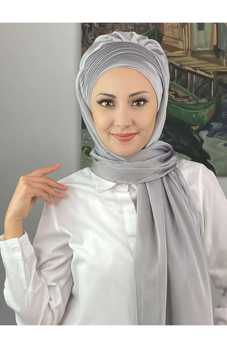 Saray Model Yan Drapeli Fransız Şifon Hazır Şal SBT4YDSAL15-03 Açık Gri