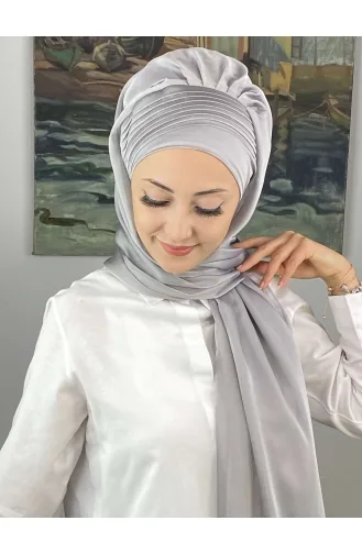 Saray Model Yan Drapeli Fransız Şifon Hazır Şal SBT4YDSAL15-03 Açık Gri