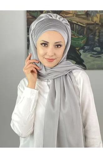 Saray Model Yan Drapeli Fransız Şifon Hazır Şal SBT4YDSAL15-03 Açık Gri