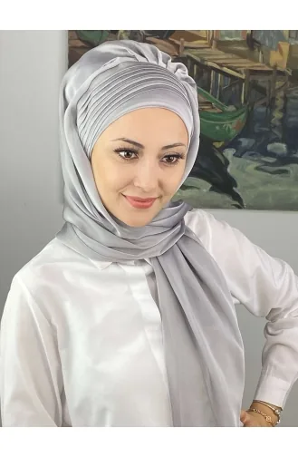 Saray Model Yan Drapeli Fransız Şifon Hazır Şal SBT4YDSAL15-03 Açık Gri