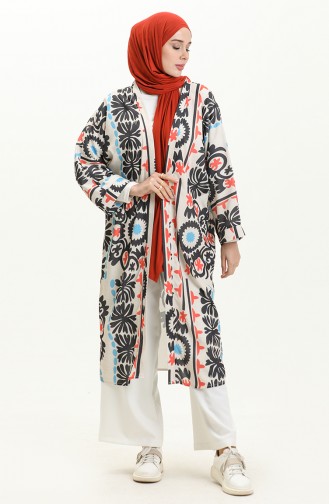 Digital bedruckter Kimono mit Gürtel 24Y8939-03 Beige Granatapfelblüte 24Y8939-03