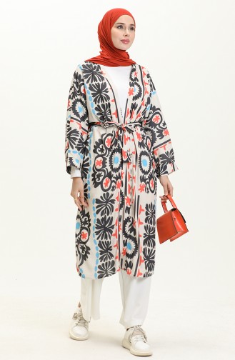 Digital bedruckter Kimono mit Gürtel 24Y8939-03 Beige Granatapfelblüte 24Y8939-03