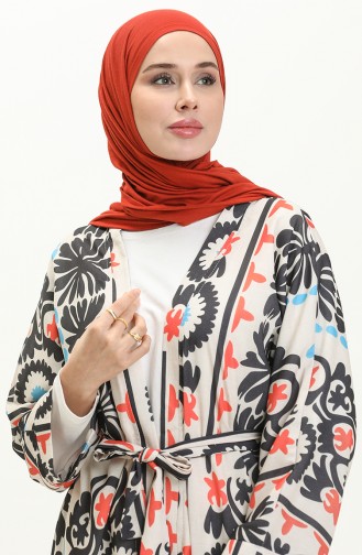 Digital bedruckter Kimono mit Gürtel 24Y8939-03 Beige Granatapfelblüte 24Y8939-03