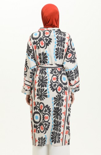 Digital bedruckter Kimono mit Gürtel 24Y8939-03 Beige Granatapfelblüte 24Y8939-03