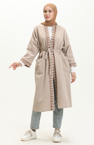 Kimono aus besticktem Leinen 24Y8885-02 Beige 24Y8885-02