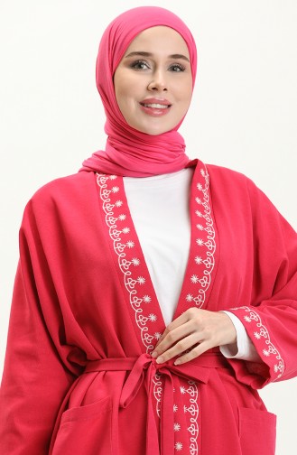 Nakışlı Keten Kimono 24Y8885-03 Fuşya