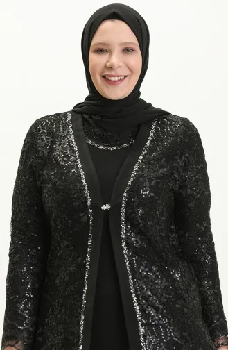 فستان سهرة بتصميم بروش مقاس كبير 2314-02 أسود 2314-02