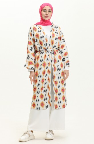 Digital bedruckter Kimono mit Gürtel 24Y8939A-02 Beige-Senf 24Y8939A-02