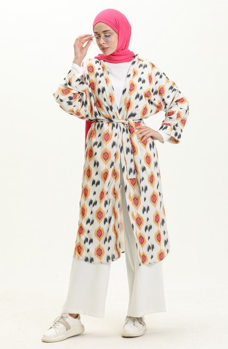 Digital bedruckter Kimono mit Gürtel 24Y8939A-02 Beige-Senf 24Y8939A-02