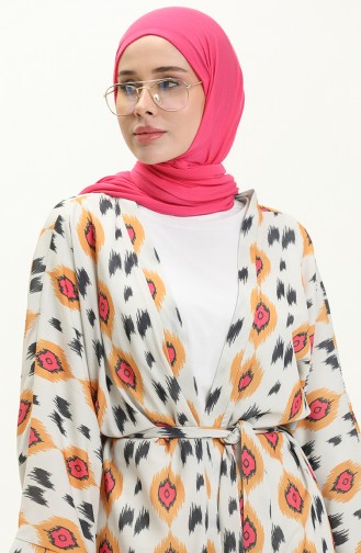 Digital bedruckter Kimono mit Gürtel 24Y8939A-02 Beige-Senf 24Y8939A-02