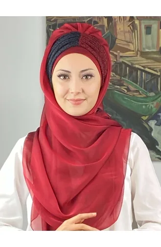 Sultan Büzgülü Oskar Fransız Şifon Hazır Şal SBT4SAL61-04 Bordo Lacivert
