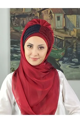Sultan Büzgülü Oskar Fransız Şifon Hazır Şal SBT4SAL61-04 Bordo Lacivert