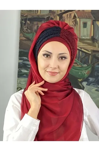 Sultan Büzgülü Oskar Fransız Şifon Hazır Şal SBT4SAL61-04 Bordo Lacivert