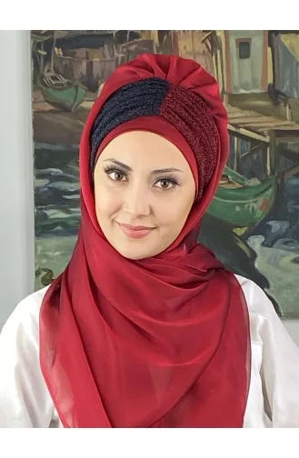Sultan Büzgülü Oskar Fransız Şifon Hazır Şal SBT4SAL61-04 Bordo Lacivert