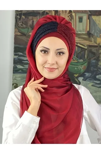 Sultan Büzgülü Oskar Fransız Şifon Hazır Şal SBT4SAL61-04 Bordo Lacivert