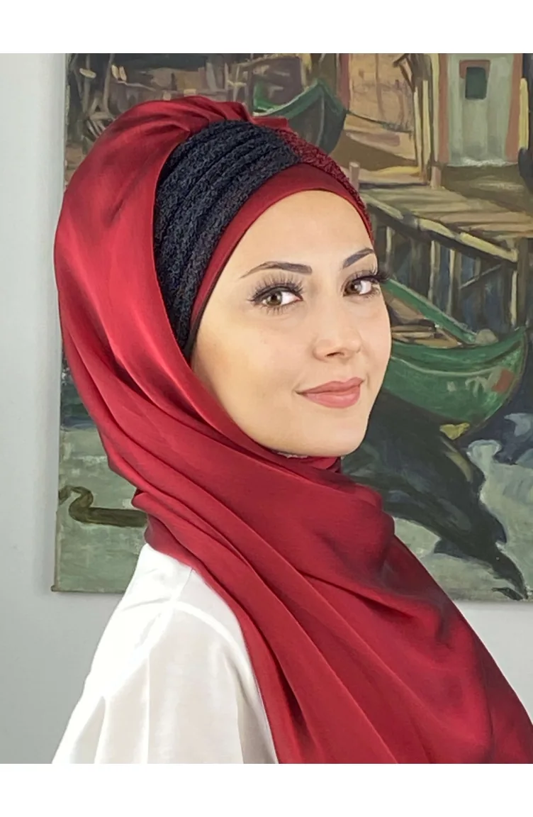 Sultan Büzgülü Oskar Fransız Şifon Hazır Şal SBT4SAL61-04 Bordo Lacivert