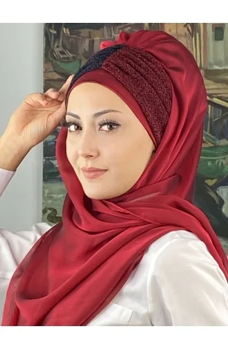 Sultan Büzgülü Oskar Fransız Şifon Hazır Şal SBT4SAL61-04 Bordo Lacivert