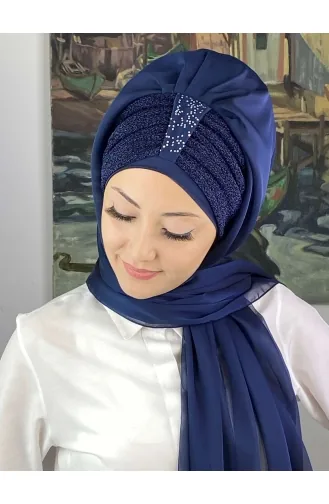 Tek Biritli Sultan Model Büzgülü Fransız Şifon Hazır Şal SBT4YDSAL44-01 Lacivert