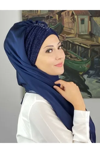 Tek Biritli Sultan Model Büzgülü Fransız Şifon Hazır Şal SBT4YDSAL44-01 Lacivert