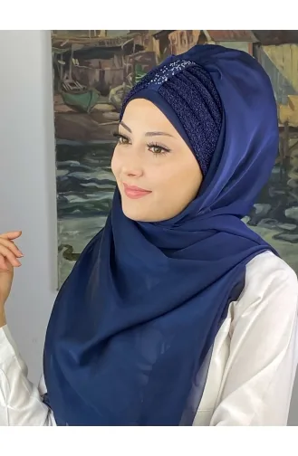 Tek Biritli Sultan Model Büzgülü Fransız Şifon Hazır Şal SBT4YDSAL44-01 Lacivert