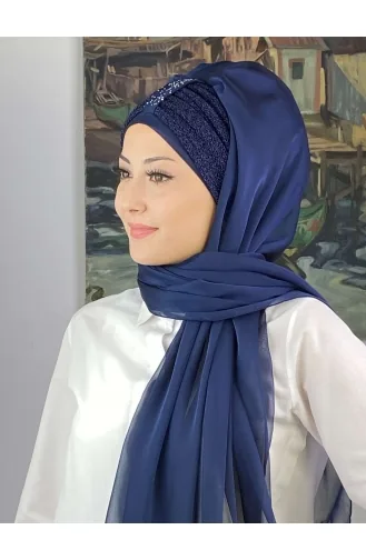 Tek Biritli Sultan Model Büzgülü Fransız Şifon Hazır Şal SBT4YDSAL44-01 Lacivert