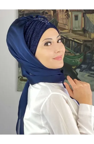 Tek Biritli Sultan Model Büzgülü Fransız Şifon Hazır Şal SBT4YDSAL44-01 Lacivert