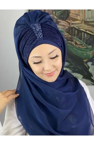 Tek Biritli Sultan Model Büzgülü Fransız Şifon Hazır Şal SBT4YDSAL44-01 Lacivert