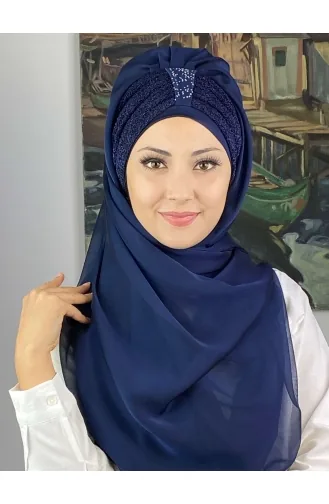 Tek Biritli Sultan Model Büzgülü Fransız Şifon Hazır Şal SBT4YDSAL44-01 Lacivert