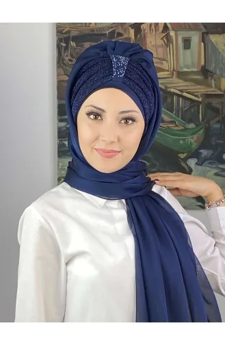 Tek Biritli Sultan Model Büzgülü Fransız Şifon Hazır Şal SBT4YDSAL44-01 Lacivert