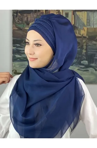 Topkapı Çapraz Drapeli Biritleri Simli Fransız Şifon Hazır Şal SBT4SAL30-11 Açık Lacivert