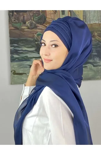 Topkapı Çapraz Drapeli Biritleri Simli Fransız Şifon Hazır Şal SBT4SAL30-11 Açık Lacivert