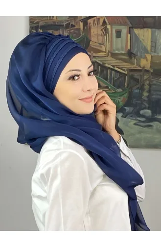 Topkapı Çapraz Drapeli Biritleri Simli Fransız Şifon Hazır Şal SBT4SAL30-11 Açık Lacivert