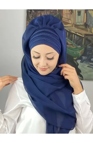 Topkapı Çapraz Drapeli Biritleri Simli Fransız Şifon Hazır Şal SBT4SAL30-11 Açık Lacivert