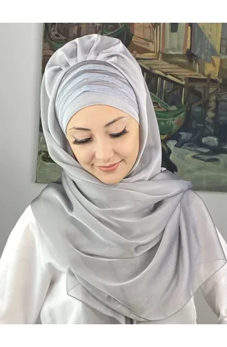 Topkapı Çapraz Drapeli Biritleri Simli Fransız Şifon Hazır Şal SBT4SAL30-08 Açık Gri