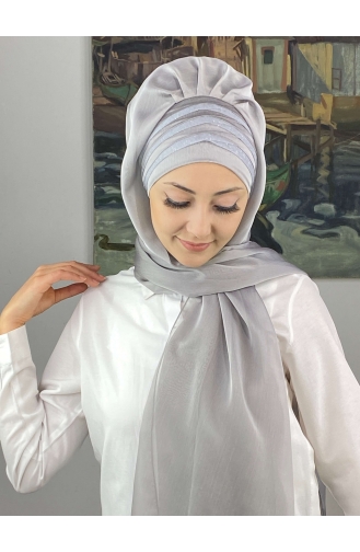 Topkapı Cross Draped Units Lurex French Chiffon Ready Shawl SBT4SAL30-08 Light Gray 4SAL30-08