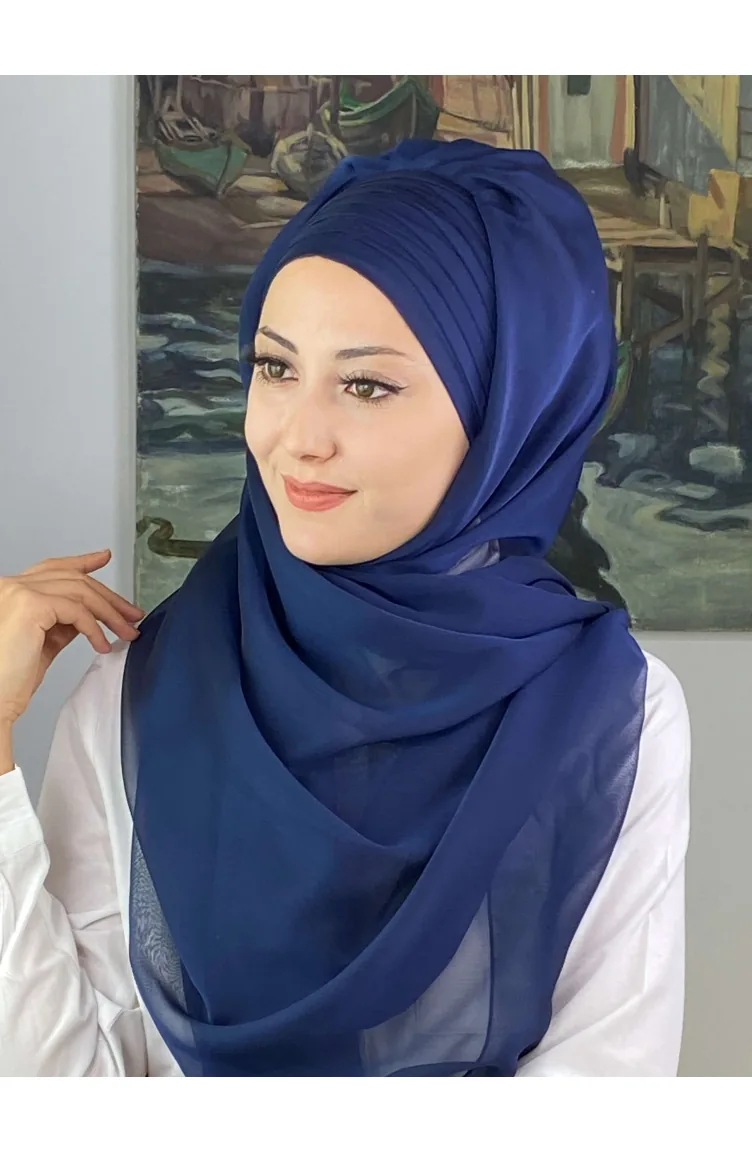 Topkapı Çapraz Drapeli Fransız Şifon Hazır Şal SBT4SAL15-03 Açık Lacivert