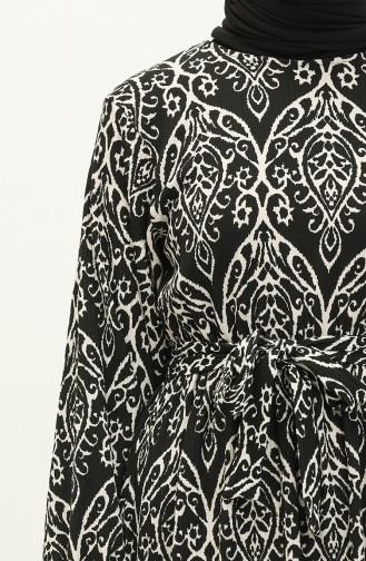 Desenli Kuşaklı Elbise 23K8796-01 Siyah