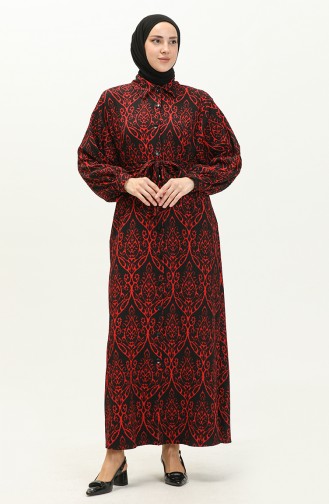 Boydan Düğmeli Kuşaklı Elbise 23K8799-03 Siyah Kırmızı