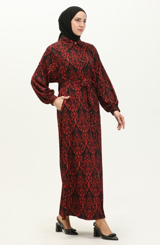 Boydan Düğmeli Kuşaklı Elbise 23K8799-03 Siyah Kırmızı