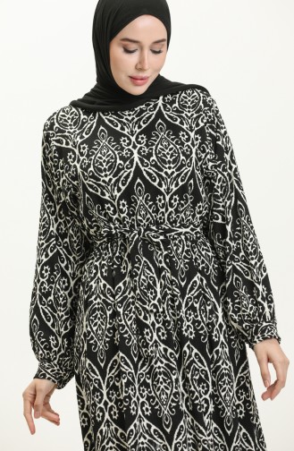 Robe à Motifs en Tissu Crêpe 23K8806-02 Noir Ecru 23K8806-02