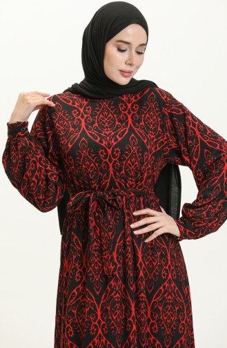فستان منقوش مطاط الخصر 23K8806-04 أسود أحمر 23K8806-04