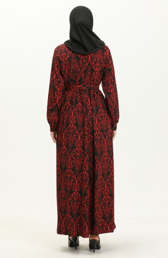 Bürümcük Kumaş Desenli Elbise 23K8806-04 Siyah Kırmızı