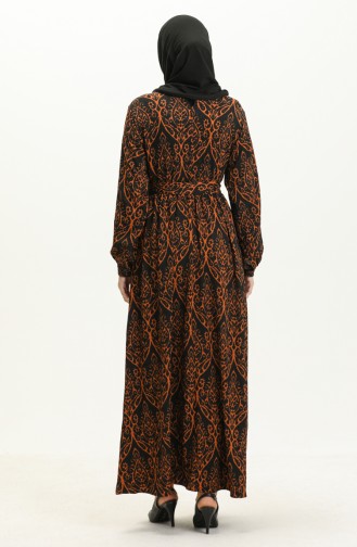 Bürümcük Kumaş Desenli Elbise 23K8806-05 Siyah Kiremit