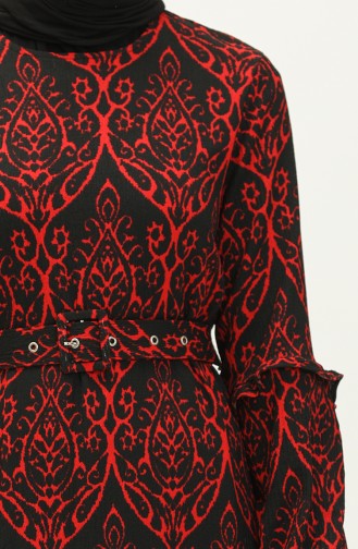Desenli Kemerli Elbise 23K8800-03 Kırmızı
