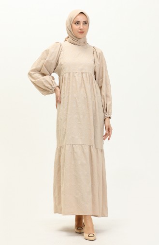 Elastic Sleeve Embroidered Dress 24Y8986-01 Stone 24Y8986-01