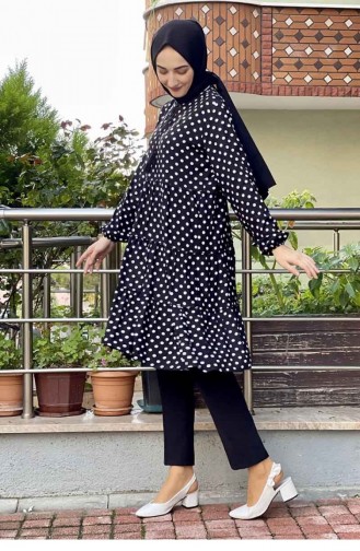 Puantiyeli Tunik Siyah Ekru